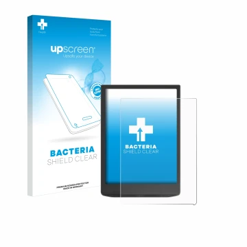 Vorderseite einer Produktverpackung mit dem Markenlogo upscreen. Daneben ist das Gerät Vivlio InkPad 4 mit dem zugehörigen Dis