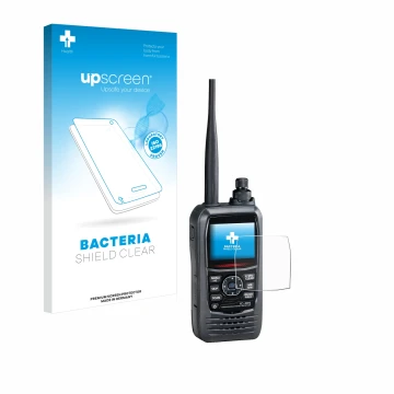 Vorderseite einer Produktverpackung mit dem Markenlogo upscreen. Daneben ist das Gerät Icom IC-R15 mit dem zugehörigen Display