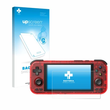 Vorderseite einer Produktverpackung mit dem Markenlogo upscreen. Daneben ist das Gerät Retroid Pocket 4 Pro mit dem zugehörige