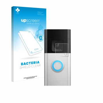 Vorderseite einer Produktverpackung mit dem Markenlogo upscreen. Daneben ist das Gerät Ring Video Doorbell Plus mit dem zugehö