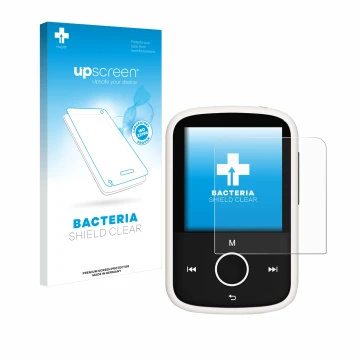 Vorderseite einer Produktverpackung mit dem Markenlogo upscreen. Daneben ist das Gerät Majority MP3 16GB mit dem zugehörigen D