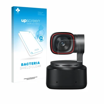 Vorderseite einer Produktverpackung mit dem Markenlogo upscreen. Daneben ist das Gerät OBSBOT Tiny 2 mit dem zugehörigen Displ