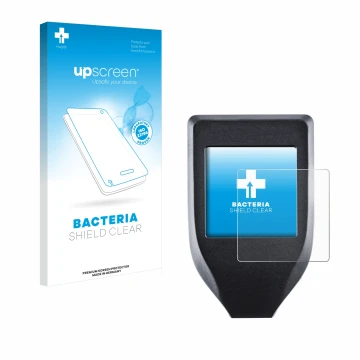 Vorderseite einer Produktverpackung mit dem Markenlogo upscreen. Daneben ist das Gerät Trezor Model T mit dem zugehörigen Disp