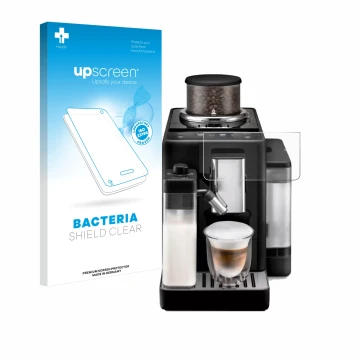 Vorderseite einer Produktverpackung mit dem Markenlogo upscreen. Daneben ist das Gerät DeLonghi Rivelia mit dem zugehörigen Di