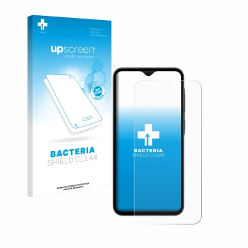 Vorderseite einer Produktverpackung mit dem Markenlogo upscreen. Daneben ist das Gerät Samsung Galaxy A35 5G mit dem zugehörig