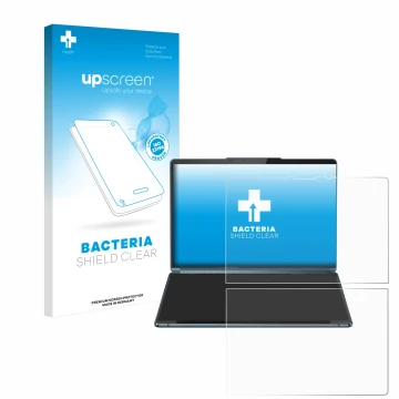 Vorderseite einer Produktverpackung mit dem Markenlogo upscreen. Daneben ist das Gerät Lenovo Yoga Book 9i Gen 9 mit dem zugeh