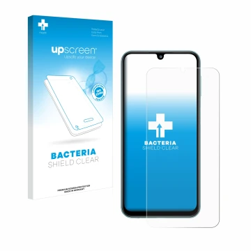 Vorderseite einer Produktverpackung mit dem Markenlogo upscreen. Daneben ist das Gerät Samsung Galaxy M34 mit dem zugehörigen 