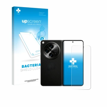 Vorderseite einer Produktverpackung mit dem Markenlogo upscreen. Daneben ist das Gerät OnePlus Open (case-friendly) mit dem zu