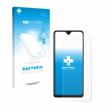 Vorderseite einer Produktverpackung mit dem Markenlogo upscreen. Daneben ist das Gerät Tecno Spark 10 Pro mit dem zugehörigen 