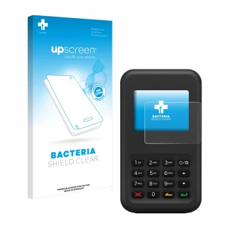 Vorderseite einer Produktverpackung mit dem Markenlogo upscreen. Daneben ist das Gerät Shopify WisePad 3 mit dem zugehörigen D