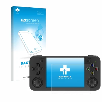 Vorderseite einer Produktverpackung mit dem Markenlogo upscreen. Daneben ist das Gerät Anbernic RG35XX H mit dem zugehörigen D