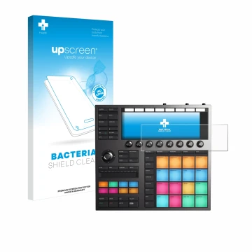 Vorderseite einer Produktverpackung mit dem Markenlogo upscreen. Daneben ist das Gerät Native Instruments Maschine + mit dem z