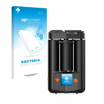 Vorderseite einer Produktverpackung mit dem Markenlogo upscreen. Daneben ist das Gerät Storz & Bickel Mighty + mit dem zugehör