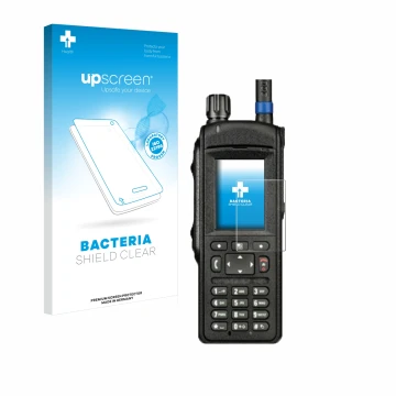 Vorderseite einer Produktverpackung mit dem Markenlogo upscreen. Daneben ist das Gerät Motorola MTP6650 mit dem zugehörigen Di
