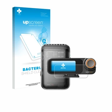 Vorderseite einer Produktverpackung mit dem Markenlogo upscreen. Daneben ist das Gerät DJI Mic 2 (Receiver) mit dem zugehörige