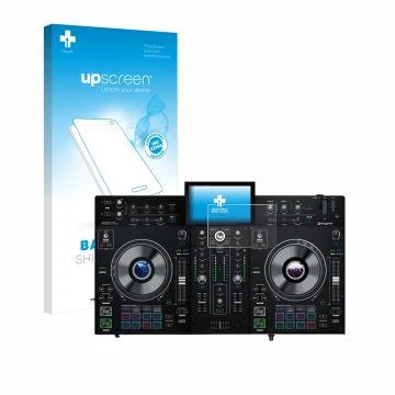 Vorderseite einer Produktverpackung mit dem Markenlogo upscreen. Daneben ist das Gerät Denon DJ Prime 2 mit dem zugehörigen Di