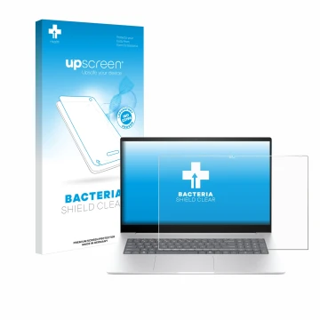 Vorderseite einer Produktverpackung mit dem Markenlogo upscreen. Daneben ist das Gerät HP Envy 17 2024 mit dem zugehörigen Dis