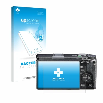 Vorderseite einer Produktverpackung mit dem Markenlogo upscreen. Daneben ist das Gerät Ricoh GR III HDF mit dem zugehörigen Di