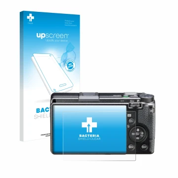 Vorderseite einer Produktverpackung mit dem Markenlogo upscreen. Daneben ist das Gerät Ricoh GR IIIx HDF mit dem zugehörigen D