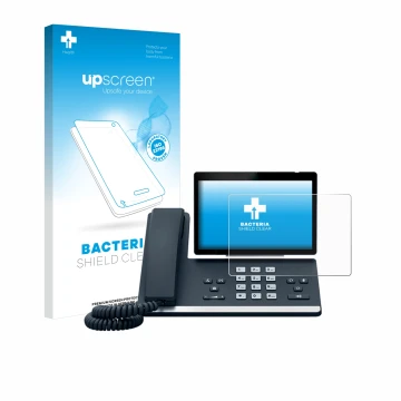Vorderseite einer Produktverpackung mit dem Markenlogo upscreen. Daneben ist das Gerät Yealink SIP-T57W mit dem zugehörigen Di