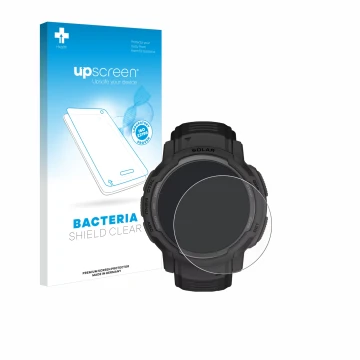 Vorderseite einer Produktverpackung mit dem Markenlogo upscreen. Daneben ist das Gerät Garmin Instinct Crossover Solar mit dem