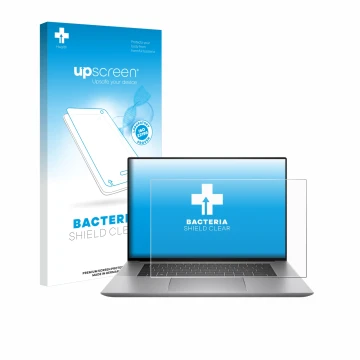 Vorderseite einer Produktverpackung mit dem Markenlogo upscreen. Daneben ist das Gerät HP Zbook Studio 16 G10 mit dem zugehöri