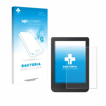 Vorderseite einer Produktverpackung mit dem Markenlogo upscreen. Daneben ist das Gerät Kobo Clara BW mit dem zugehörigen Displ