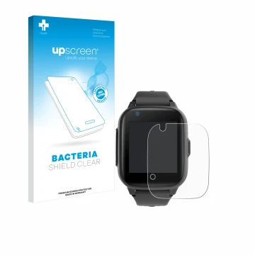 Vorderseite einer Produktverpackung mit dem Markenlogo upscreen. Daneben ist das Gerät Leotec Kids Allo Plus 4G mit dem zugehö
