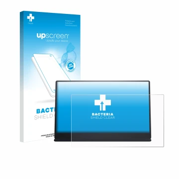 Vorderseite einer Produktverpackung mit dem Markenlogo upscreen. Daneben ist das Gerät Dell P1424H mit dem zugehörigen Display