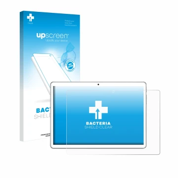 Vorderseite einer Produktverpackung mit dem Markenlogo upscreen. Daneben ist das Gerät niuniutab KT107 mit dem zugehörigen Dis