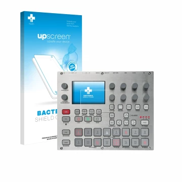 Vorderseite einer Produktverpackung mit dem Markenlogo upscreen. Daneben ist das Gerät Elektron Syntakt E25 Remix Edition mit 