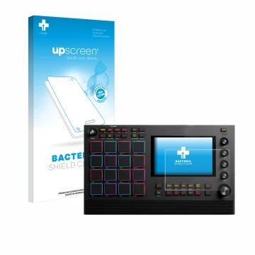 Vorderseite einer Produktverpackung mit dem Markenlogo upscreen. Daneben ist das Gerät Akai MPC Live II mit dem zugehörigen Di