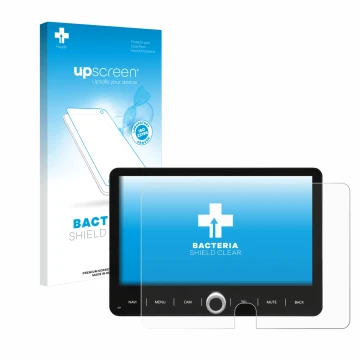 Vorderseite einer Produktverpackung mit dem Markenlogo upscreen. Daneben ist das Gerät Dynavin D9-T5TP mit dem zugehörigen Dis