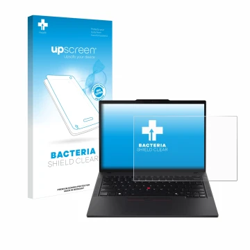 Vorderseite einer Produktverpackung mit dem Markenlogo upscreen. Daneben ist das Gerät Lenovo ThinkPad T14s Gen 5 mit dem zuge