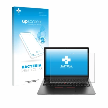 Vorderseite einer Produktverpackung mit dem Markenlogo upscreen. Daneben ist das Gerät Lenovo ThinkPad L13 2-in-1 Gen 5 mit de