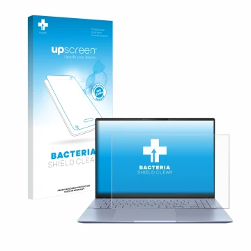 Vorderseite einer Produktverpackung mit dem Markenlogo upscreen. Daneben ist das Gerät ASUS Vivobook S16 OLED S5606 mit dem zu