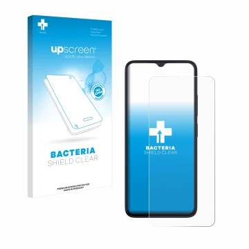 Vorderseite einer Produktverpackung mit dem Markenlogo upscreen. Daneben ist das Gerät Wiko T20 mit dem zugehörigen Displaysch