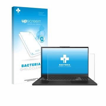 Vorderseite einer Produktverpackung mit dem Markenlogo upscreen. Daneben ist das Gerät ASUS VivoBook Pro 15 OLED N6506 mit dem