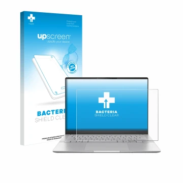 Vorderseite einer Produktverpackung mit dem Markenlogo upscreen. Daneben ist das Gerät ASUS Vivobook S 14 OLED M5406 mit dem z