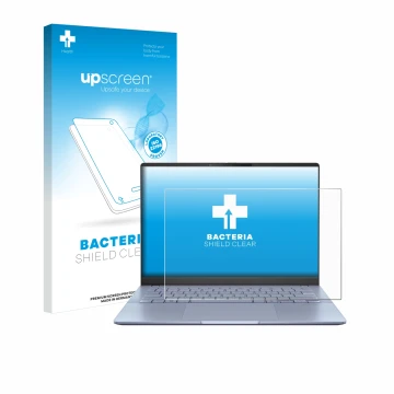 Vorderseite einer Produktverpackung mit dem Markenlogo upscreen. Daneben ist das Gerät ASUS Vivobook S 14 OLED S5406 mit dem z