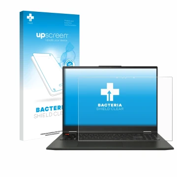 Vorderseite einer Produktverpackung mit dem Markenlogo upscreen. Daneben ist das Gerät ASUS Vivobook S 16 Flip TN3604 mit dem 
