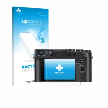 Vorderseite einer Produktverpackung mit dem Markenlogo upscreen. Daneben ist das Gerät Leica D-Lux 8 mit dem zugehörigen Displ