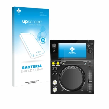 Vorderseite einer Produktverpackung mit dem Markenlogo upscreen. Daneben ist das Gerät Pioneer XDJ -700 mit dem zugehörigen Di