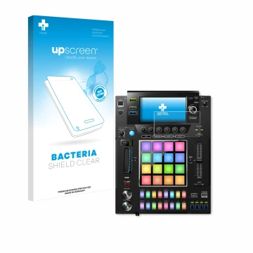 Vorderseite einer Produktverpackung mit dem Markenlogo upscreen. Daneben ist das Gerät Pioneer DJS -1000 mit dem zugehörigen D