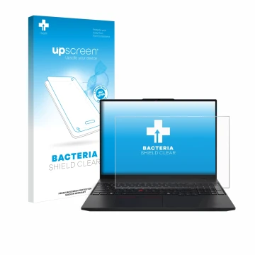 Vorderseite einer Produktverpackung mit dem Markenlogo upscreen. Daneben ist das Gerät Lenovo ThinkPad L16 Gen 1 mit dem zugeh