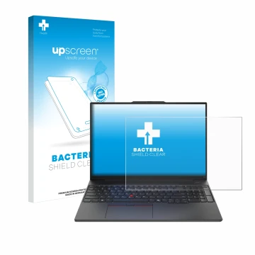 Vorderseite einer Produktverpackung mit dem Markenlogo upscreen. Daneben ist das Gerät Lenovo ThinkPad E16 Gen 2 mit dem zugeh