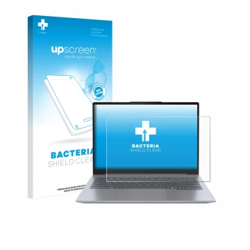 Vorderseite einer Produktverpackung mit dem Markenlogo upscreen. Daneben ist das Gerät Lenovo ThinkBook 14 Gen 7 mit dem zugeh