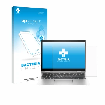 Vorderseite einer Produktverpackung mit dem Markenlogo upscreen. Daneben ist das Gerät HP Elite x360 830 G11 2-in-1 mit dem zu