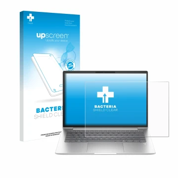 Vorderseite einer Produktverpackung mit dem Markenlogo upscreen. Daneben ist das Gerät HP EliteBook 645 G11 mit dem zugehörige