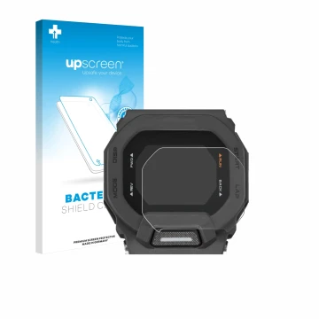 Vorderseite einer Produktverpackung mit dem Markenlogo upscreen. Daneben ist das Gerät Casio G-Shock GBD-200 mit dem zugehörig